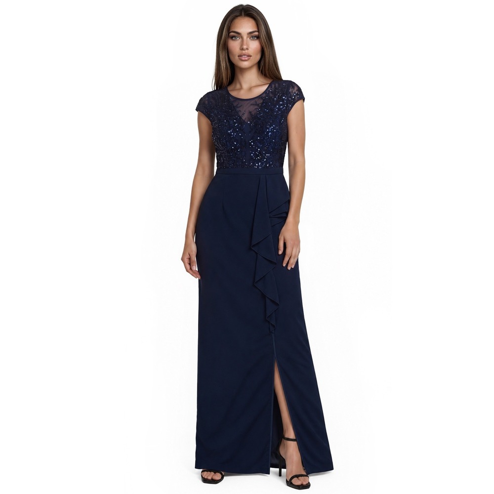 NWT Adrianna Papell Maxi Gown Women's Size 10 Navy Blue Sequin Ruffle Dress